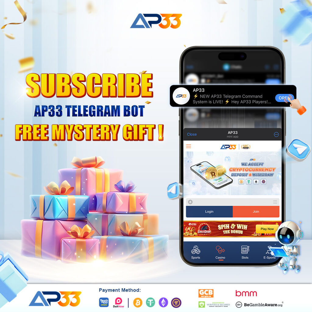 AP33 Telegram Bot promotion showing a smartphone with the mini app, colorful gift boxes, and text offering a free mystery gift for subscribers.