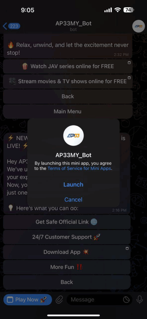 AP33MY_Bot Telegram mini app launch screen with options to "Launch" or "Cancel" inside chat interface.
