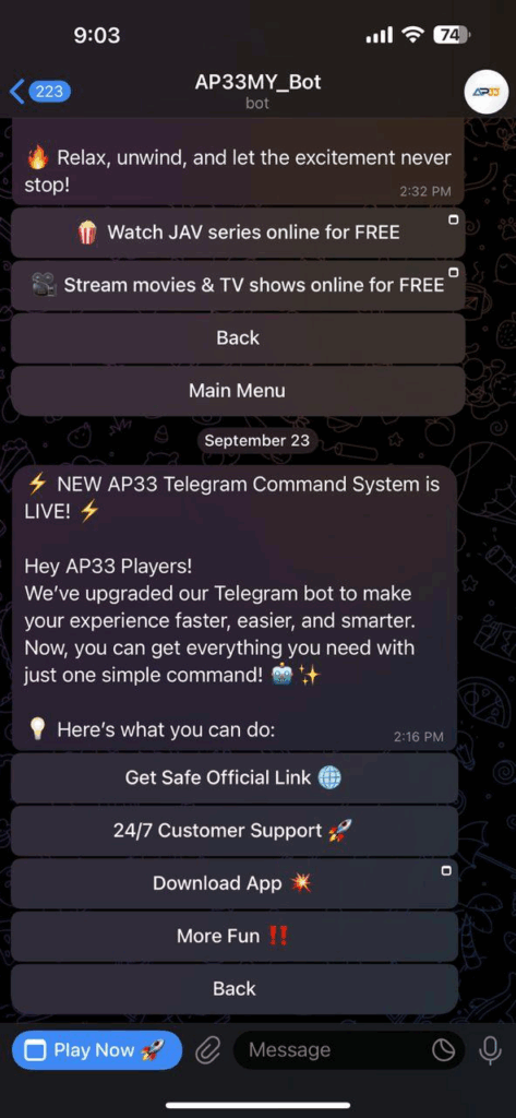 AP33MY_Bot Telegram chat interface showing announcement of new AP33 Telegram Command System with options like Get Safe Official Link, 24/7 Support, Download App, and More Fun.