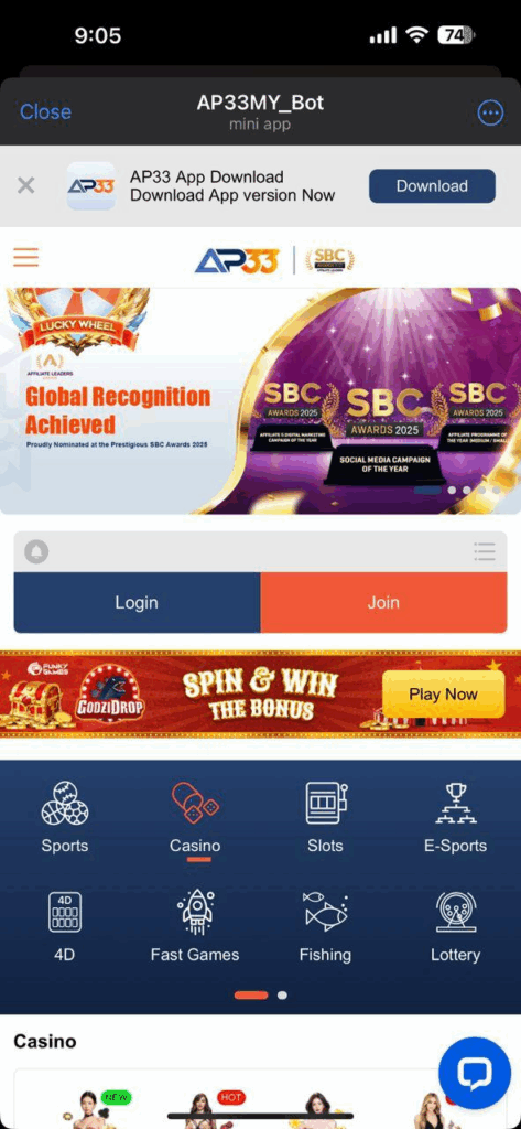 AP33MY_Bot mini app interface showing login and join buttons, casino promotions, and game categories like sports, slots, e-sports, 4D, fishing, and lottery.