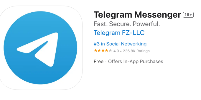 Telegram Messenger app listing with blue paper plane logo, showing rating, developer, and ranking in social networking.